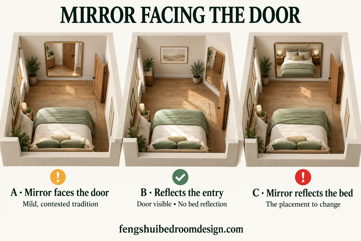 Three mirror placements relative to the bedroom door: a mirror facing the door, a mirror offset to reflect the entry, and a mirror facing the bed