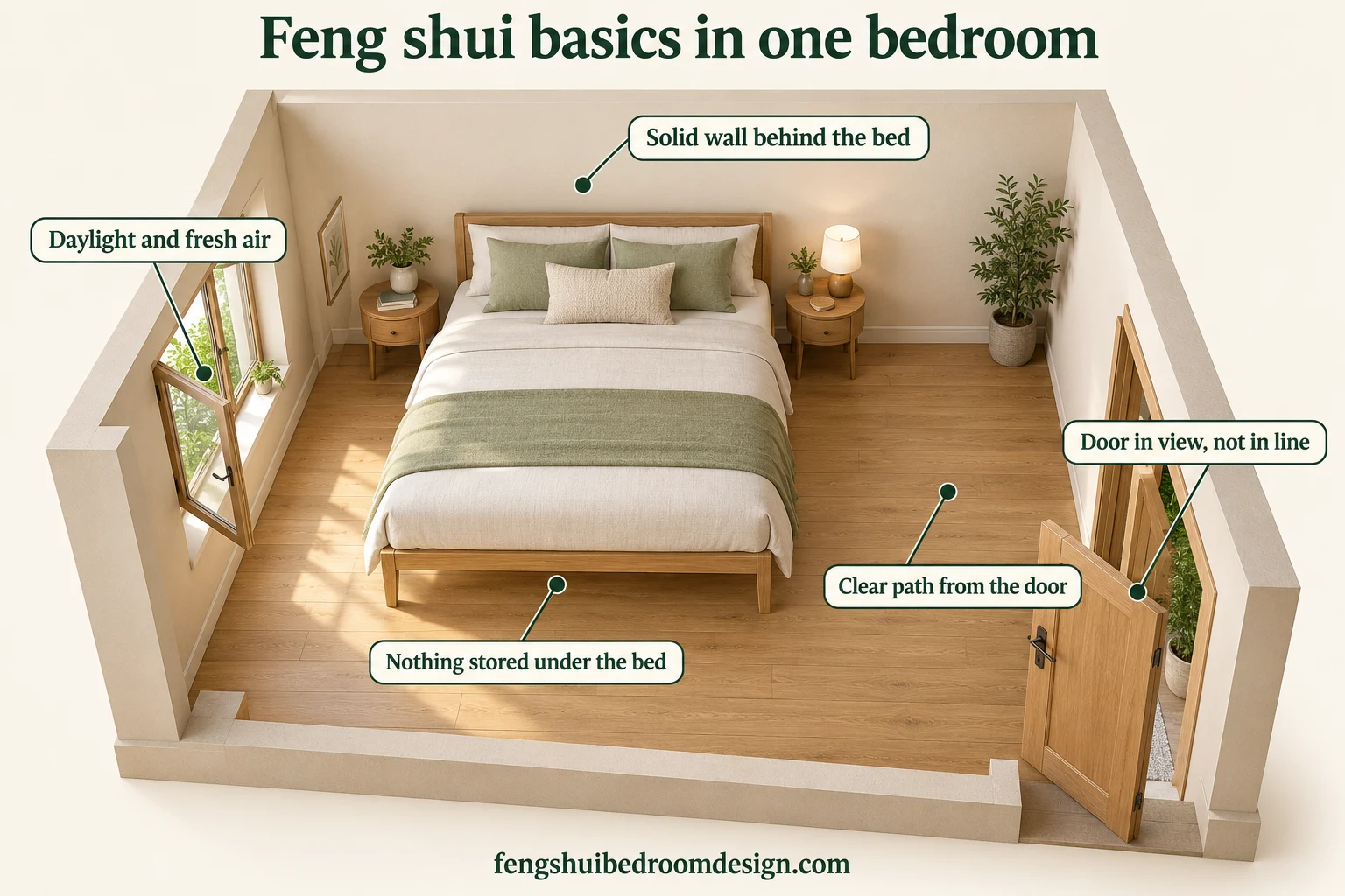 A calm bedroom with five labeled feng shui basics: a solid wall behind the bed, the door in view but not in line with the bed, a clear path from the door, an open side window for daylight and fresh air, and nothing stored under the bed